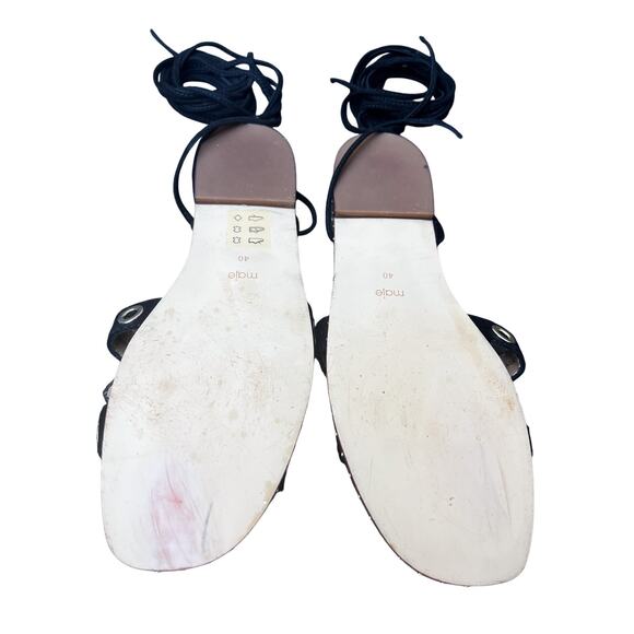Maje Black Suede Lace Up Flat Sandals Size 40 Grommet Eyelet Detail Boho Resort - Picture 6 of 10